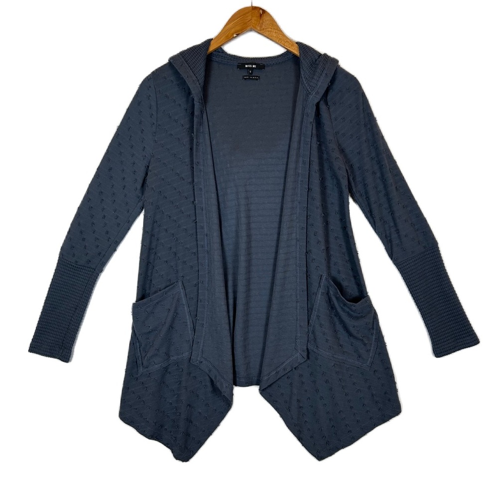 Miss Me Women's Blue Raw‎ Edge Open Hooded Cardigan Small